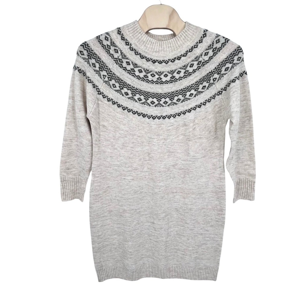 Cato Fair Isle Sweater Dress Womens XL Oatmeal Beaded Mock Neck 3/4 Sleeve NEW